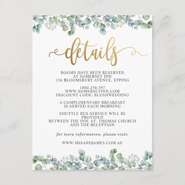 Eukalyptus Gold Wedding Gästedaten Begleitkarte (Vorderseite)