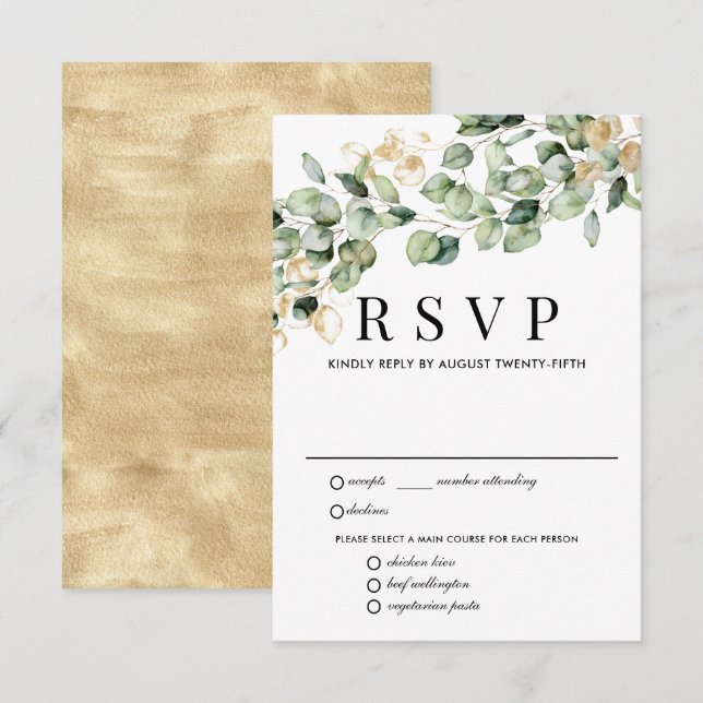 Eukalyptus Gold Wedding RSVP Card, Optionen zum Es (Vorne/Hinten)
