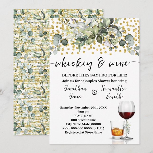 Eukalyptus Gold Whiskey and Wine Couples Dusche Einladung (Vorne/Hinten)