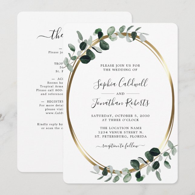 Eukalyptus Gold White Wedding I Einladung (Vorne/Hinten)