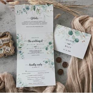 Eukalyptus-Goldblumenhochzeit Dreifach Gefaltete Einladung