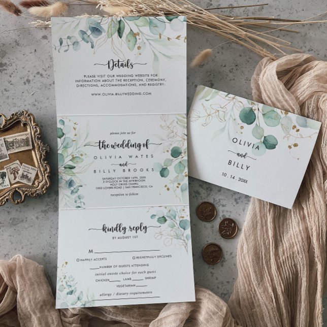 Eukalyptus-Goldblumenhochzeit Dreifach Gefaltete Einladung (Von Creator hochgeladen)