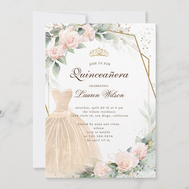 Eukalyptus golden floral Quinceañera Einladung (Vorderseite)