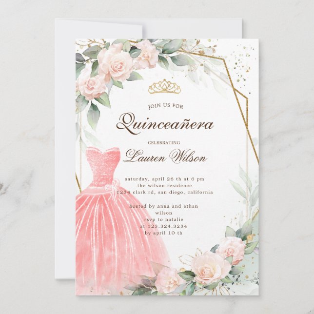 Eukalyptus golden floral Quinceañera Einladung (Vorderseite)