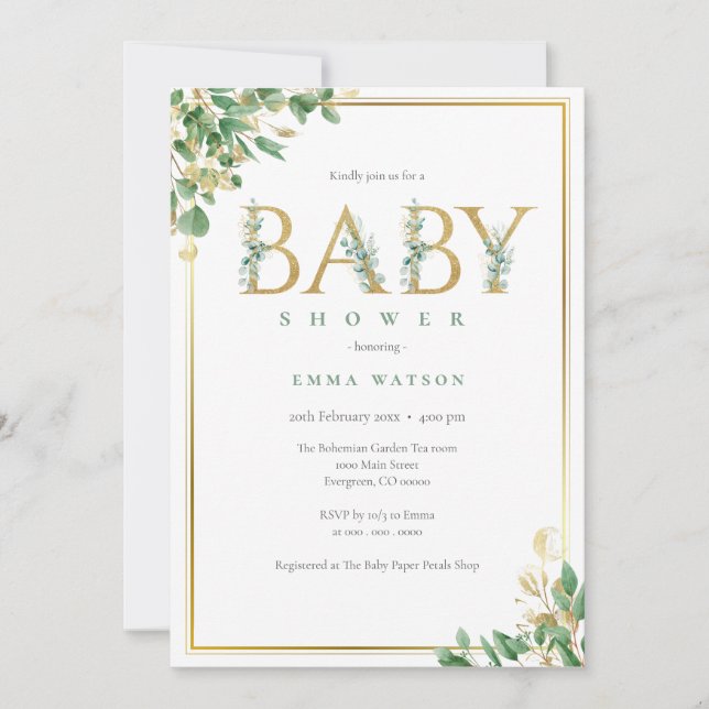 Eukalyptus Golden Letters rahmen Babydusche Einladung (Vorderseite)