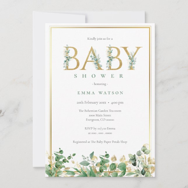 Eukalyptus Golden Letters rahmen Babydusche Einladung (Vorderseite)