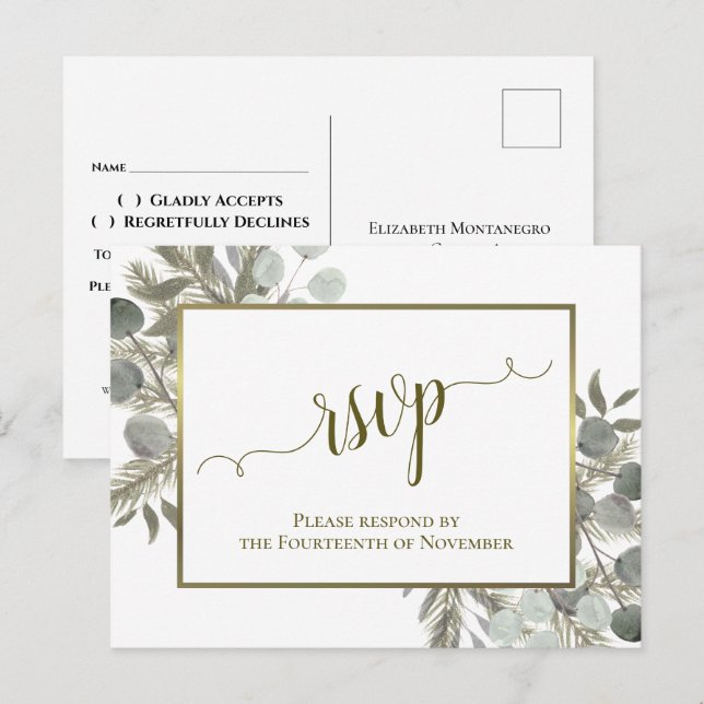 Eukalyptus & Golden Pine Wedding RSVP Postkarte (Vorne/Hinten)