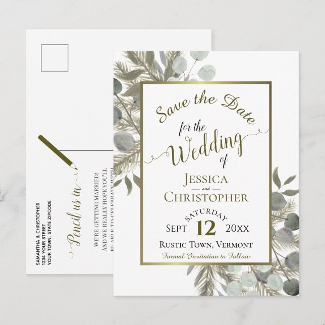 Eukalyptus & Golden Pine Wedding Save the Date Ankündigungspostkarte (Vorne/Hinten)