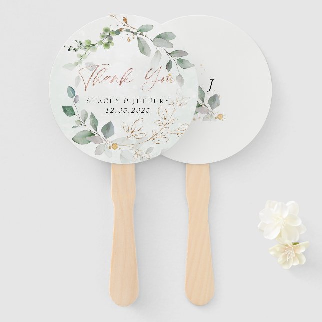 Eukalyptus-Goldkalligrafie-Hochzeit Fächer (Vorne und Hinten)
