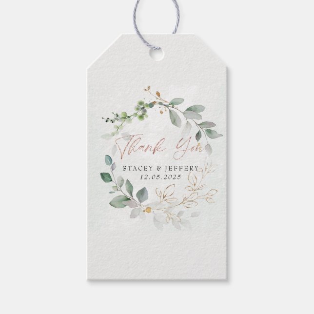 Eukalyptus-Goldkalligrafie-Hochzeit Geschenkanhänger (Vorderseite)