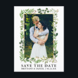 Eukalyptus-Goldrahmen Save the Date Postkarte<br><div class="desc">Moderne Aquarellfarbe Eukalyptus Grünrahmen Save the Date Foto Verlobung Ankündigung Postcard - Goldrahmen</div>