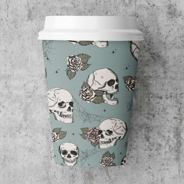 Eukalyptus Gothic Skulls und Rose Halloween Pappbecher (Eucalyptus Gothic Skull Paper Cup. Elegant Pattern of Hand Drawn Skulls & Roses for Halloween Party)