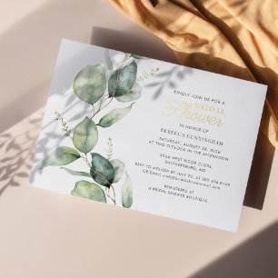 Eukalyptus Green Blätter Script Brautparty Gold Folieneinladung