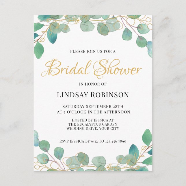 Eukalyptus Green Bridal Dusche Einladung Postkarte (Vorderseite)