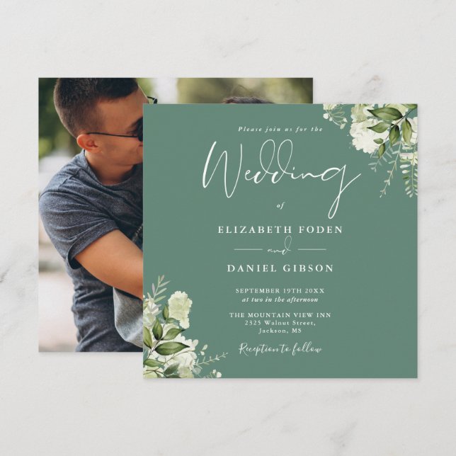Eukalyptus Green Floral Foto Square Wedding Einladung (Vorne/Hinten)