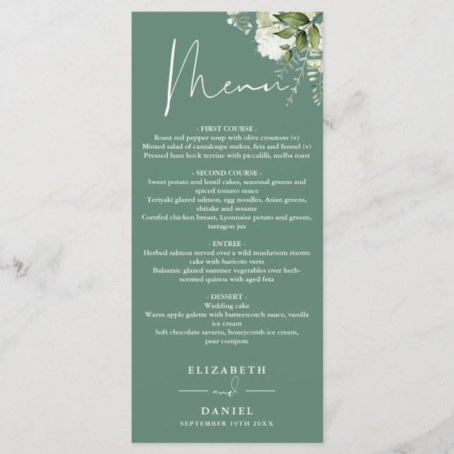 Eukalyptus Green Floral Monogram Weddinner Menükarte (Vorderseite)