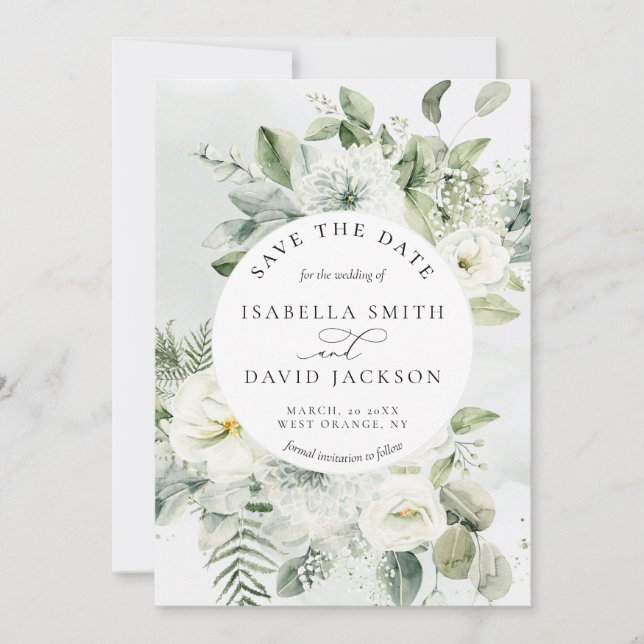 Eukalyptus Green Foliage Green White Floral Save The Date (Vorderseite)