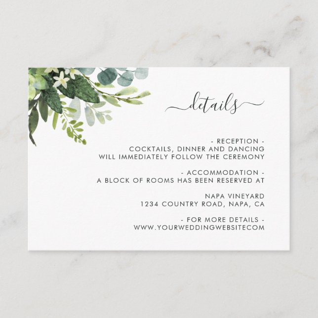 Eukalyptus Green Foliage Hochzeitdetails Begleitkarte (Vorderseite)
