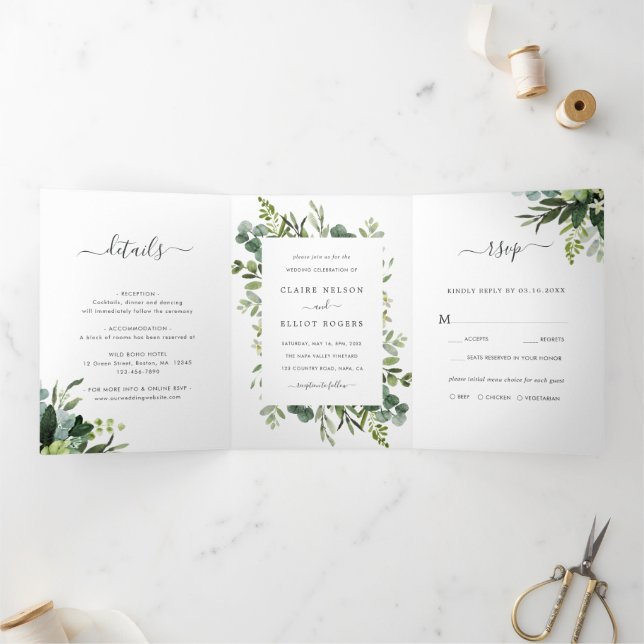 Eukalyptus Green Foliage Wedding Foto Dreifach Gefaltete Einladung (Innenseite)