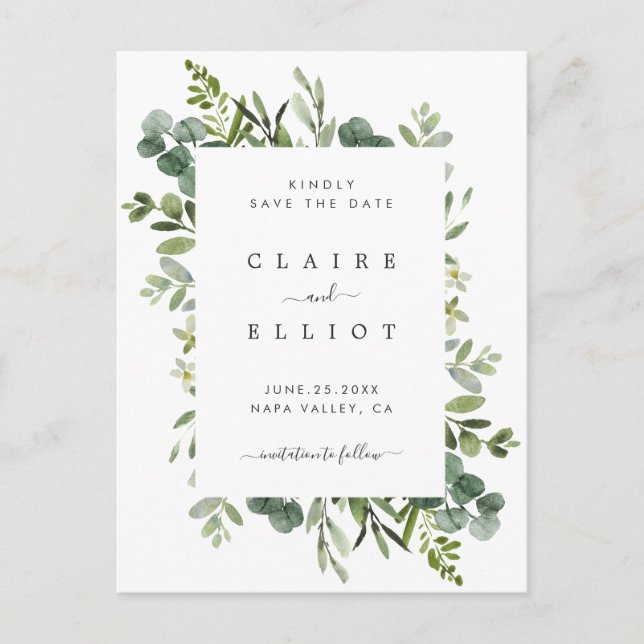 Eukalyptus Green Foliage Wedding Save the Date Ankündigungspostkarte (Vorderseite)