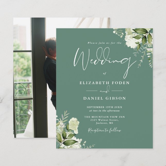 Eukalyptus Green Foto Hochzeitseinladung (Vorne/Hinten)
