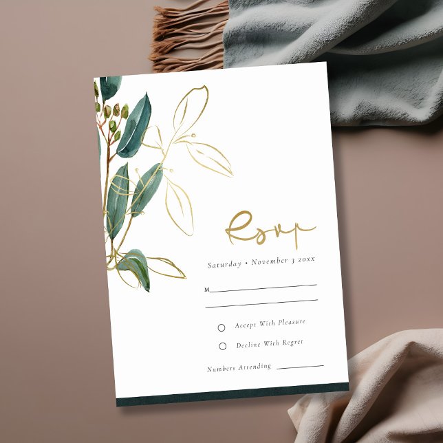 Eukalyptus Green Gold Foil Foliage Wedding RSVP Begleitkarte (Von Creator hochgeladen)