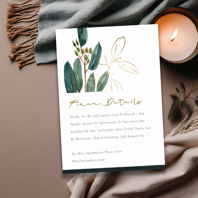 Eukalyptus Green Gold Foliage Hochzeitdetails Begleitkarte (Von Creator hochgeladen)