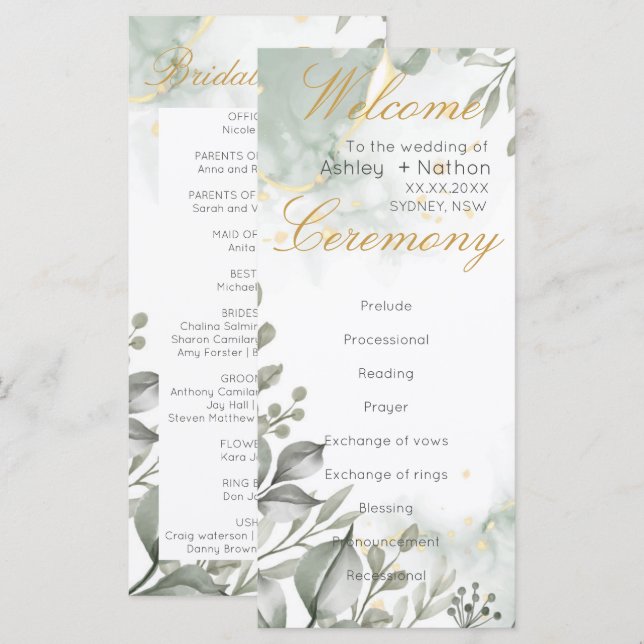 Eukalyptus green & gold Wassercolor Hochzeit (Vorne/Hinten)