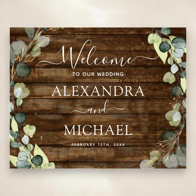 Eukalyptus Green Rustic Wood Wedding Willkommensze Poster (Von Creator hochgeladen)