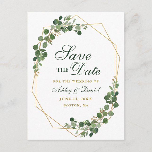 Eukalyptus Green Save the Date Gold Ankündigungspostkarte (Vorderseite)