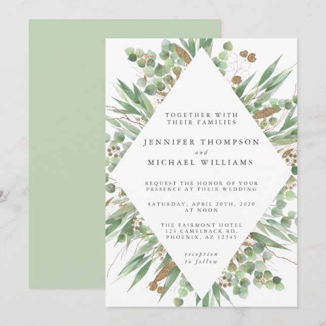 Eukalyptus Green Watercolor & Gold Wedding Einladung (Vorne/Hinten)