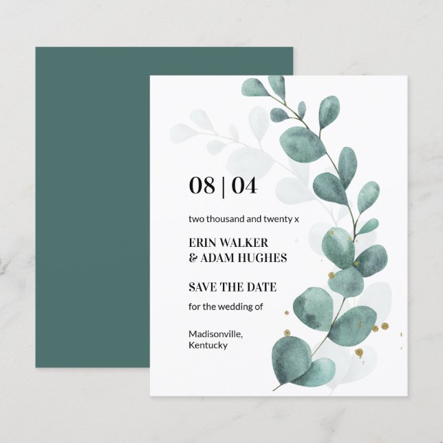 Eukalyptus Green Watercolor Save the Date (Vorne/Hinten)