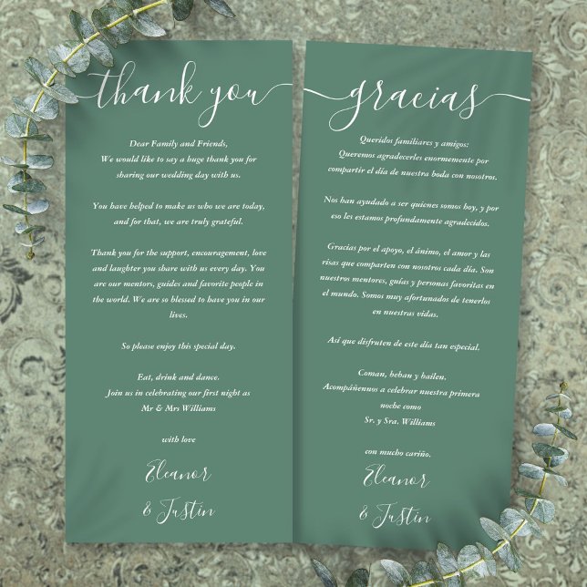 Eukalyptus Green Wedding 2 Sprache Dankeschön Kart Menükarte (Eucalyptus Green Wedding 2 Language Thank You Card)