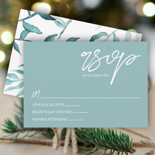 Eukalyptus Green, Winter-Blätter Hochzeitskarte RS Hinweiskarte (light green eucalyptus wedding rsvp card elegant script calligraphy simple enclosure wedding card)
