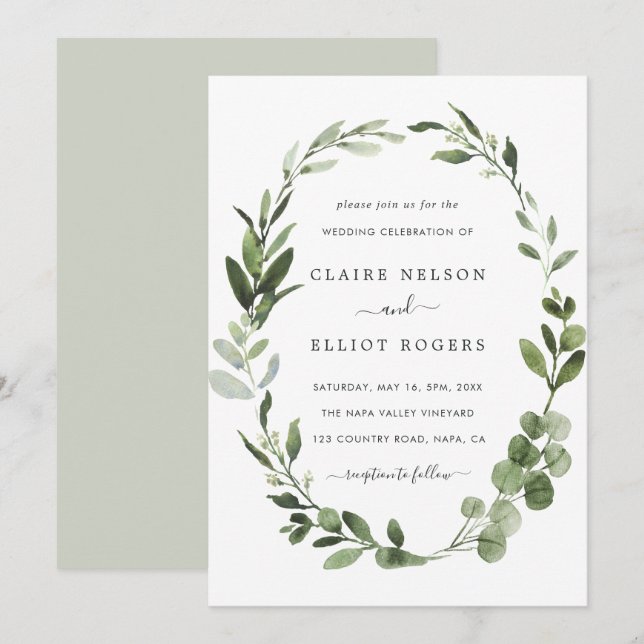 Eukalyptus Green Wreath Wedding Einladung (Vorne/Hinten)