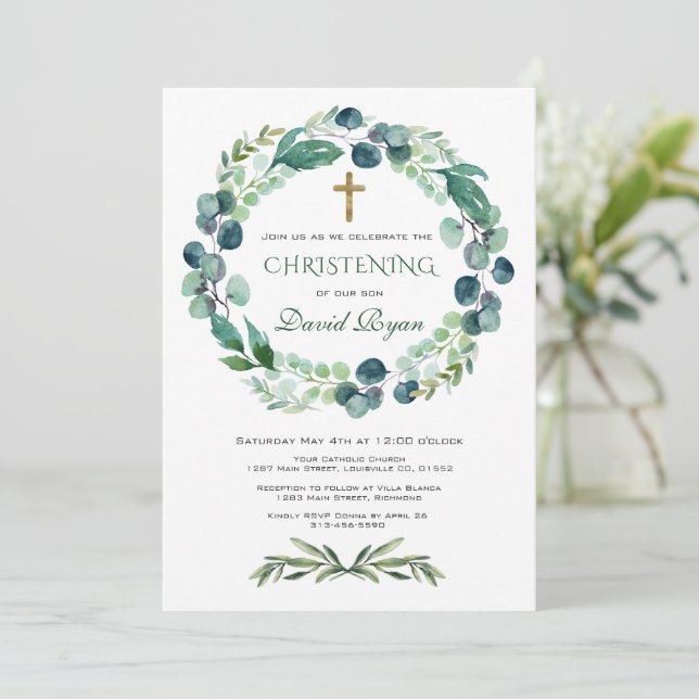 Eukalyptus Greenerage Foliage Wreath Christening Einladung (Stehend Vorderseite)