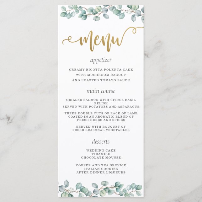 Eukalyptus Greenerenery Blätter Gold Wedding Menu Programm (Vorderseite)