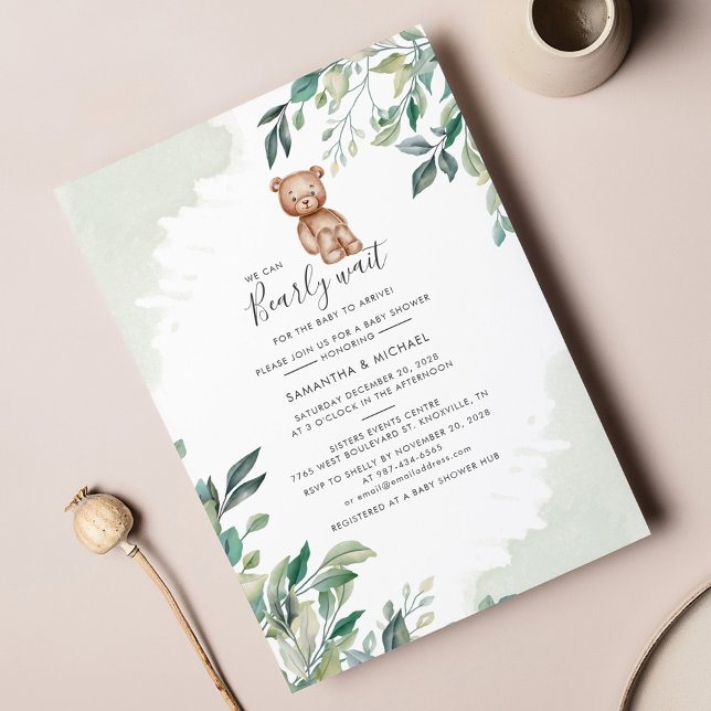 Eukalyptus Greenerenery Couples Baby Dusche (Bear Eucalyptus Baby Shower Bearly Wait Invitation)