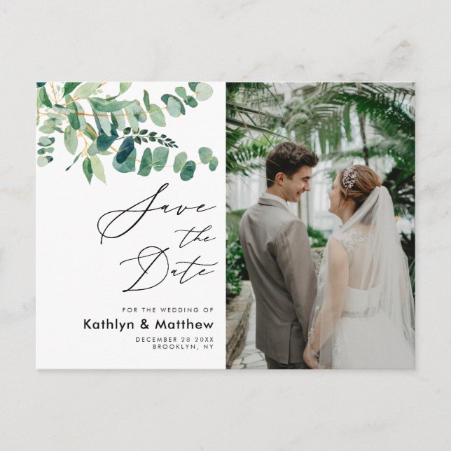 Eukalyptus Greenerenery Script Wedding Save the Da Ankündigungspostkarte (Vorderseite)