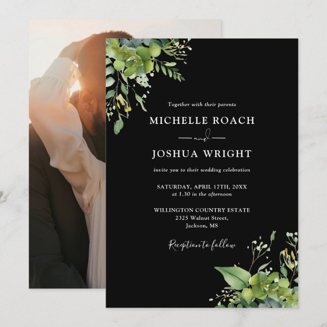 Eukalyptus Greenerity Black and White Foto Wedding Einladung (Vorne/Hinten)