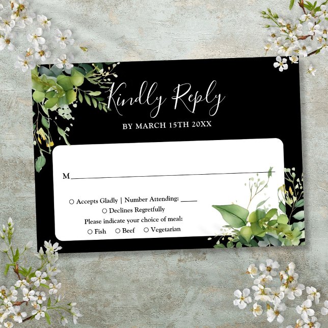 Eukalyptus Greenerity Black and White Wedding RSVP Karte (Eucalyptus Greenery Black And White Wedding RSVP Card)