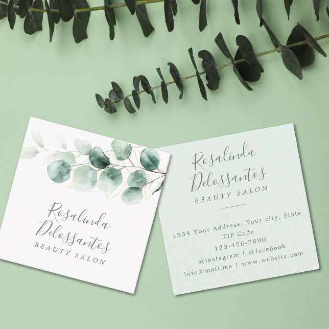 Eukalyptus Greenerity Gold Blätter Quadratische Visitenkarte (Watercolor Eucalyptus Greenery Gold Leaves Square Business Card)