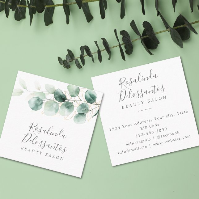 Eukalyptus Greenerity Gold Blätter Quadratische Visitenkarte (Watercolor Eucalyptus Greenery Gold Leaves Square Business Card)