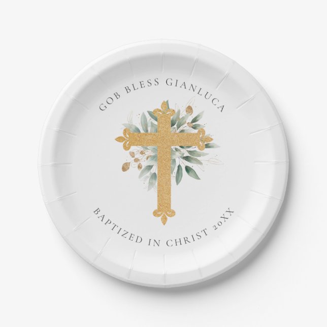 Eukalyptus Greenerity & Gold Cross Baptism Party Pappteller (Vorderseite)