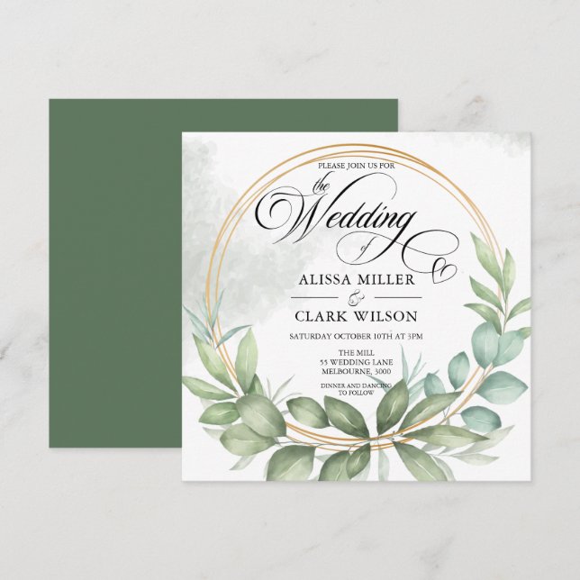 Eukalyptus Greenerity Gold Frame Wedding Einladung (Vorne/Hinten)