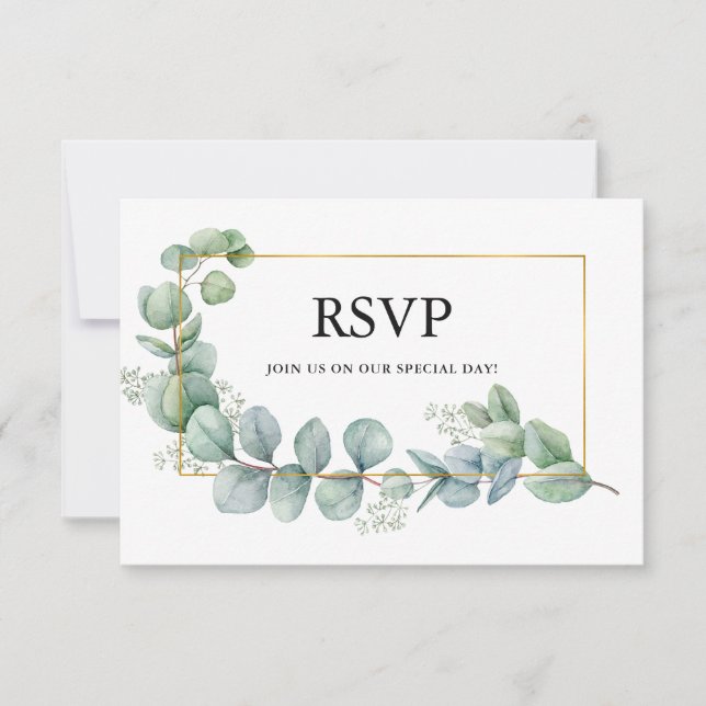 Eukalyptus Greenerity Gold Frame Wedding RSVP Karte (Vorderseite)