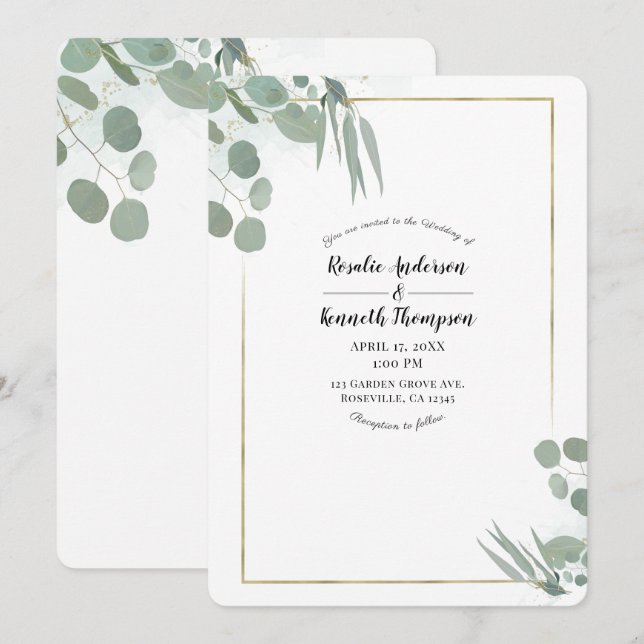 Eukalyptus Greenerity & Gold Wedding Einladung (Vorne/Hinten)