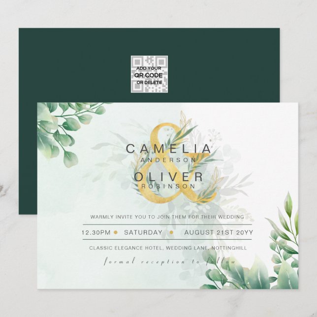 Eukalyptus Greenerity Gold Wedding QR CODE IN Einladung (Vorne/Hinten)