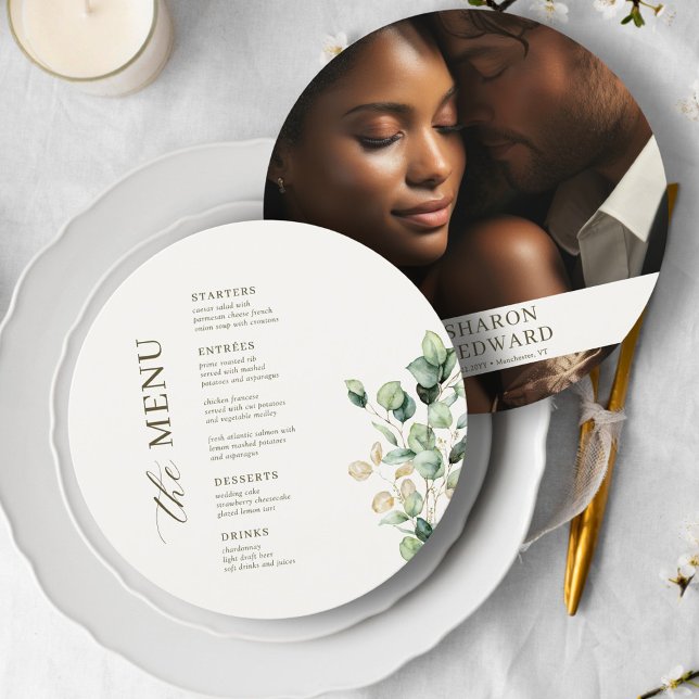 Eukalyptus Greenerity Round Wedding Foto Menu Card Menükarte (Von Creator hochgeladen)