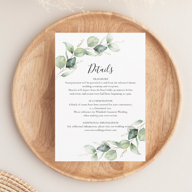 Eukalyptus Greenerity Script Wedding Details Begleitkarte (Eucalyptus Greenery Modern Wedding Details Enclosure Card)